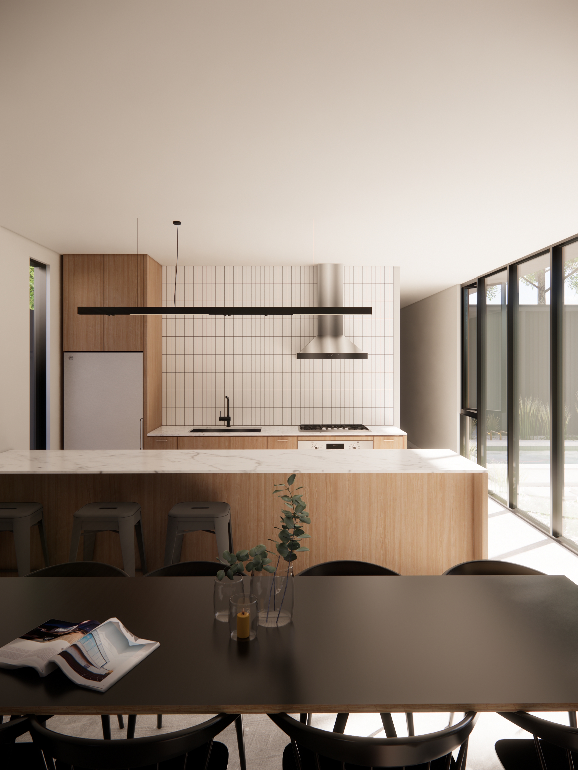 Kitchen with white tile, wood island and bench seating