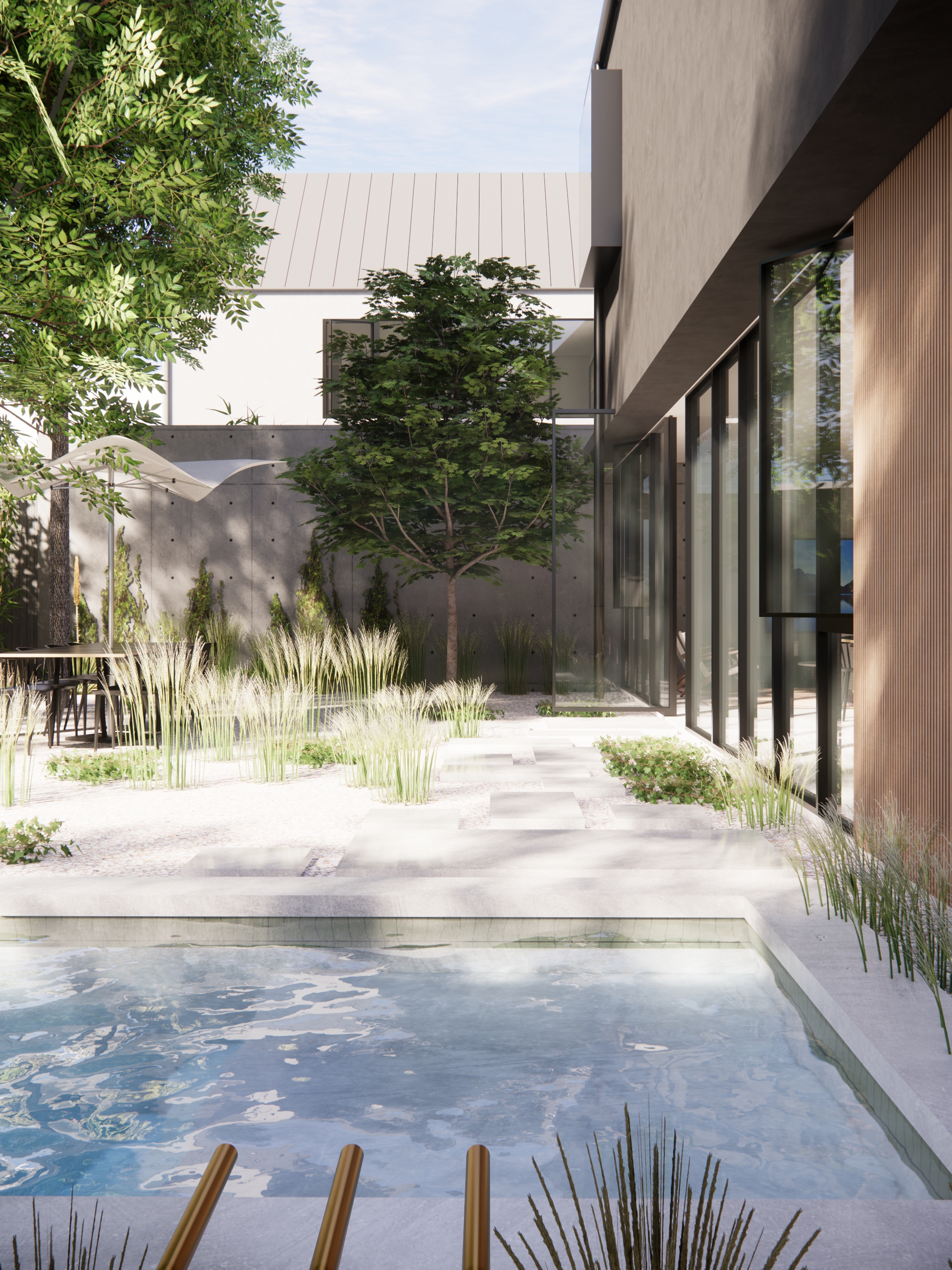 Rear courtyard with pool, bamboo, and concrete pavers